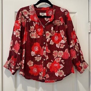 Red floral button down blouse from Anthropologie